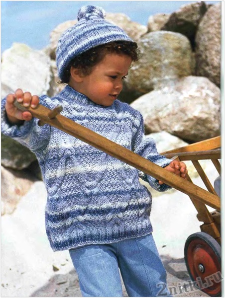 Детский вязаный меланжевый пуловер с косами и шапка